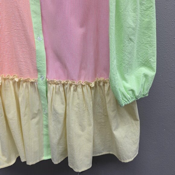 Davi Dani Dress Womens 1XL Pastel Stripe Colorblock Ruffle Hem Button Front - Picture 3 of 10